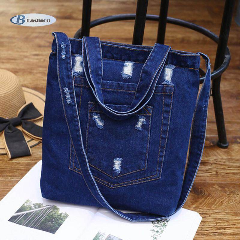 B-F Fashion Women Denim Shoulder Bag Solid Color Zipped Handbag Ladies Girls Casual Vintage Jeans Crossbody Messenger Bags