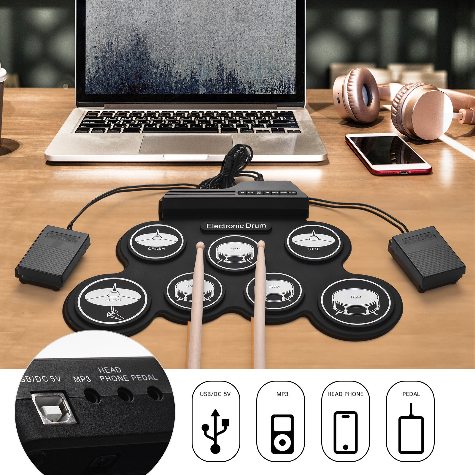 Bộ Trống Silicon Cuộn Lên USB Kích Thước Nhỏ Gọn Bộ Trống Điện Tử Kỹ Thuật Số 7 Miếng Trống Với Dùi Trống Bàn Đạp Chân Cho Người Mới Bắt Đầu Trẻ Em