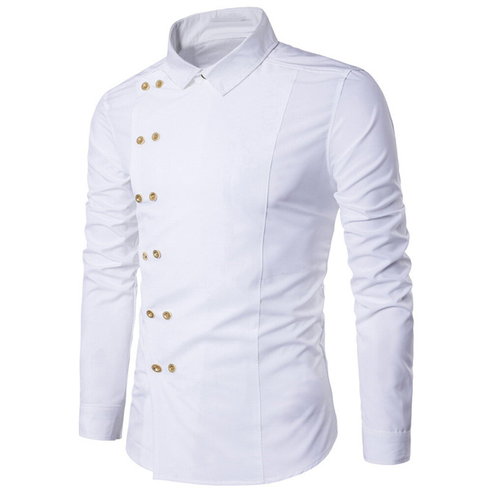 Men Long Sleeve Turn Down Collar Diagonal Double-breasted Buttons Cotton Shirt