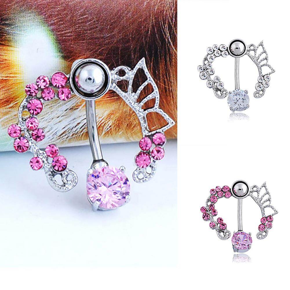Niome Fashion White Pink Crystal Flower Belly Navel Button Ring Medical Steel Surgical Body Piercing Jewelry