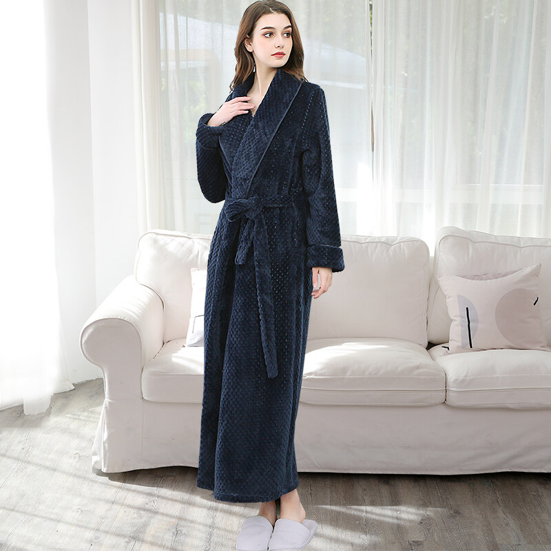 Men Women Winter Extra Long Thick Warm Grid Flannel Bathrobe Mens