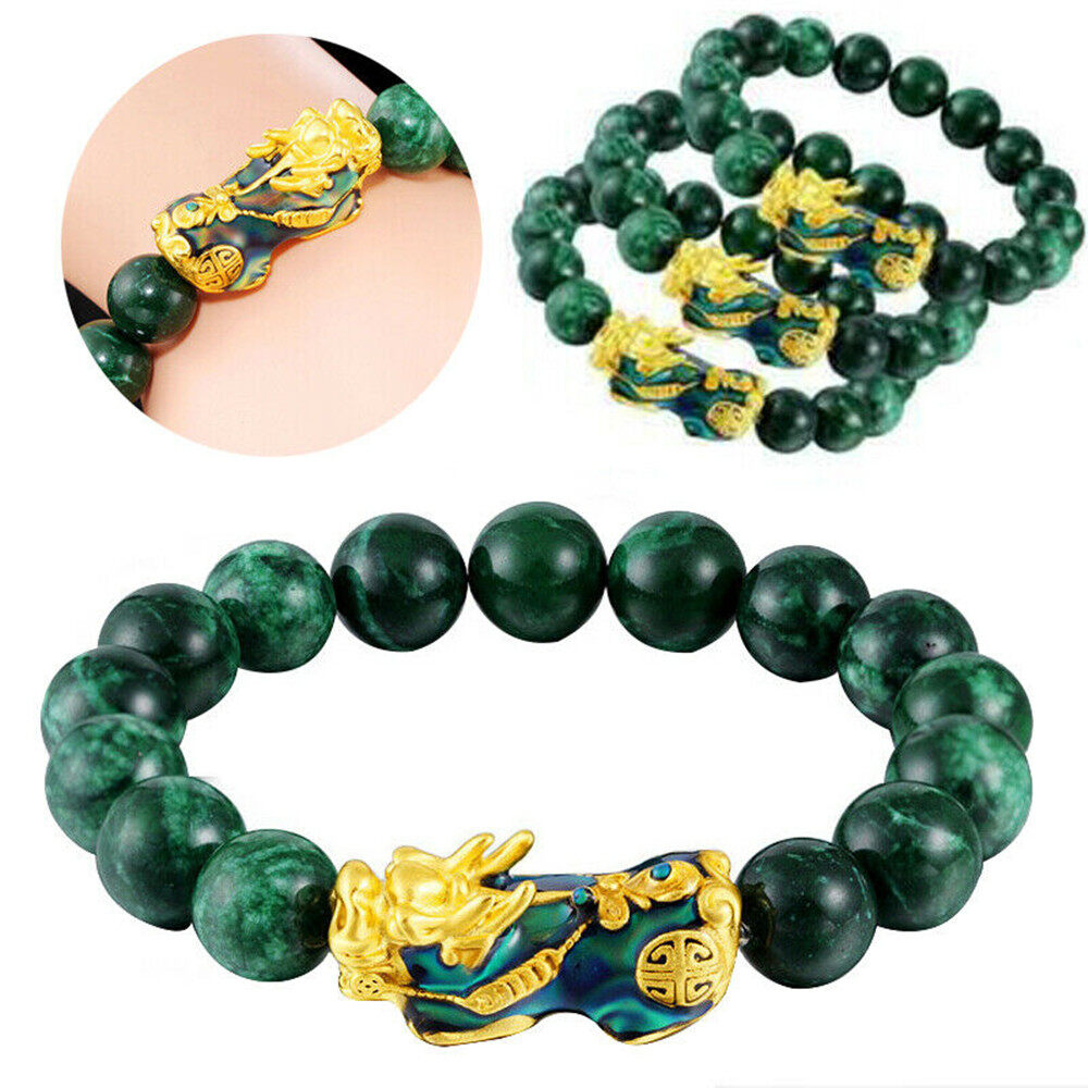10/14MM Unisex Feng Shui Malachite Stone Beads Bracelets Golden Pixiu Bracelet Bring Lucky for Men Women