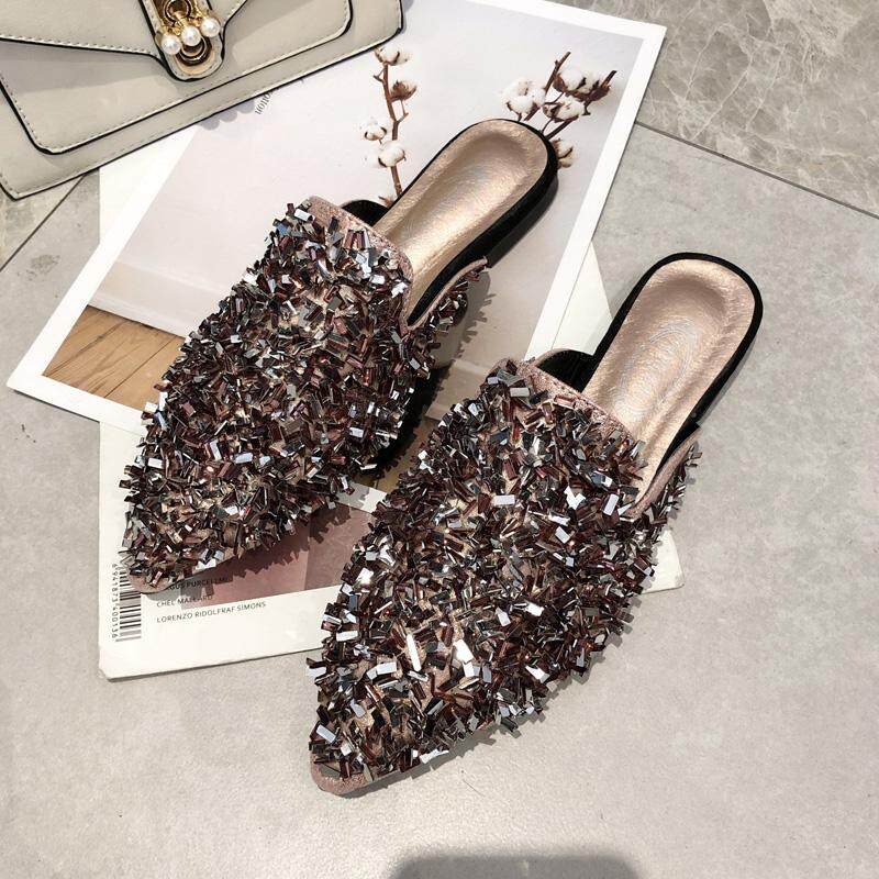 Jaringan merah sandal wanita pakaian luar 2019 model baru musim semi Gaya Korea netral batu kristal air paillette Sepatu sandal hijab sepatu sandal selop pasang