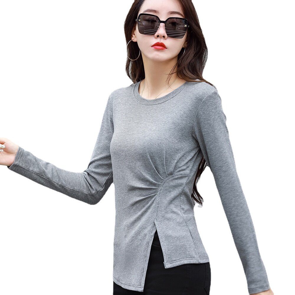 Women's T-shirt Long Sleeve Crew Neck Casual Tee Solid Color Top