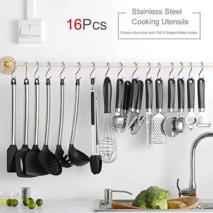 Kitchen Utensils Set 16pcs Silicone Non Stick Cooking Utensils Stainless Steel Kitchen Tool Gift S Shaped Metal Hooks Kitchenware Set Standard Lazada