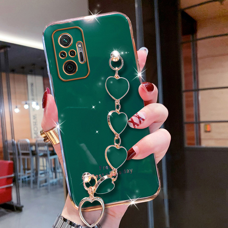 Precise camera protection case for Xiaomi Redmi 10 Note 10 Note 10s Note 10 5G Note 10 Pro Casing Girly style plating Anti-drop cases with Cute love pattern bracelet