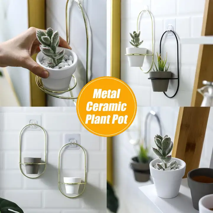 Metal Rack Ceramic Succulent Plant Cactus Holder Nordic Style Wall Hanging+Pot