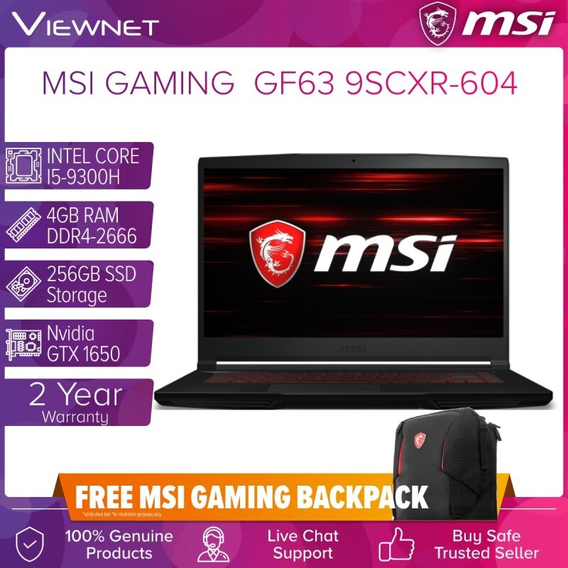 MSI GF63 Thin 9SCXR-604 GAMING INTEL CORE QC I5-9300H 4GB DDR4 256GB SSD GTX1650 MAX Q 4GB GDDR5 15.6FHD 2 YEARS MSI WARRANTY Malaysia