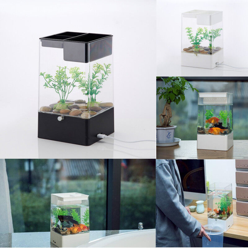 Mini Nano Vuông Glow Cá Cảnh Bộ Lọc Nước Bể Cá Đèn LED USB Văn Phòng Sinh Thái Đen