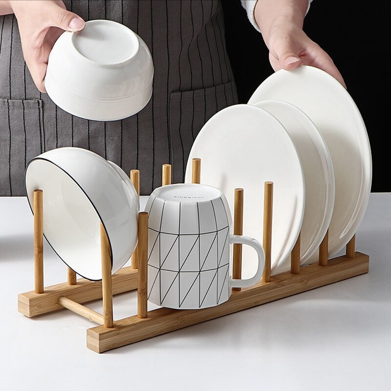 {hot} Dinnerware Plate Drying Shelf Storage Organizer Kitchen Dish Drain Rack Wooden Book Cup Display Stand 8 layers Drainer Holder G