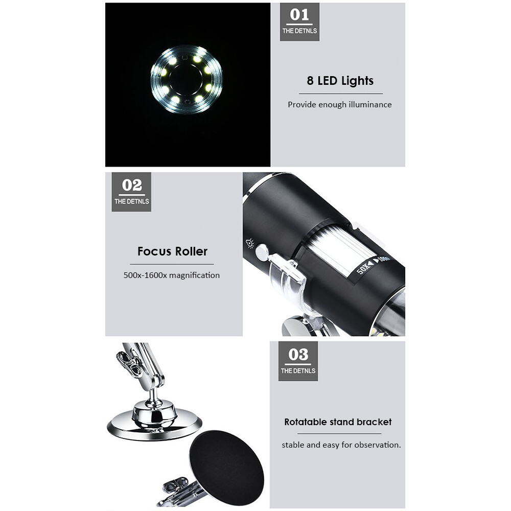 Kính Hiển Vi Kỹ Thuật Số KKmoon 3 Trong 1 USB & MICRO USB & Type-C Camera Phóng Đại 1600X 8 Đèn LED Có Chân Đế, Tương Thích Với Kính Lúp Kiểm Tra Cầm Tay Android Windows/XP Win 7 8 10 Vista Linux Mac