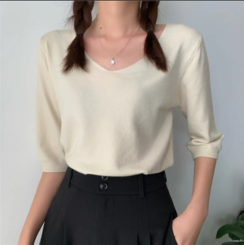 Alisa.Sonya 11 Colors Ladies Fashion Women's Classic-Fit Lightweight Long-Sleeve V-Neck Thin Sweater Crewneck 100% Cotton Soft Knit Pullover Sweaters(Need Size UP))