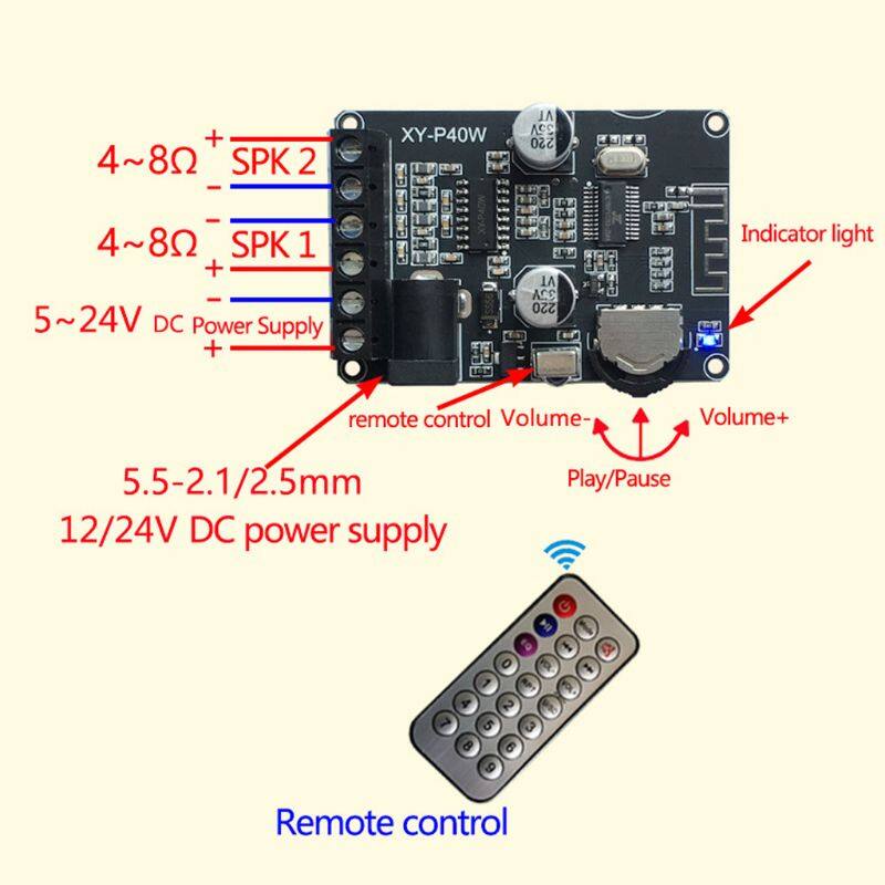 XY-P40W Bluetooth Digital Amplifier Board Audio Receiver Stereo Wireless No Remote Control Bare Metal 30/40W 12/24V