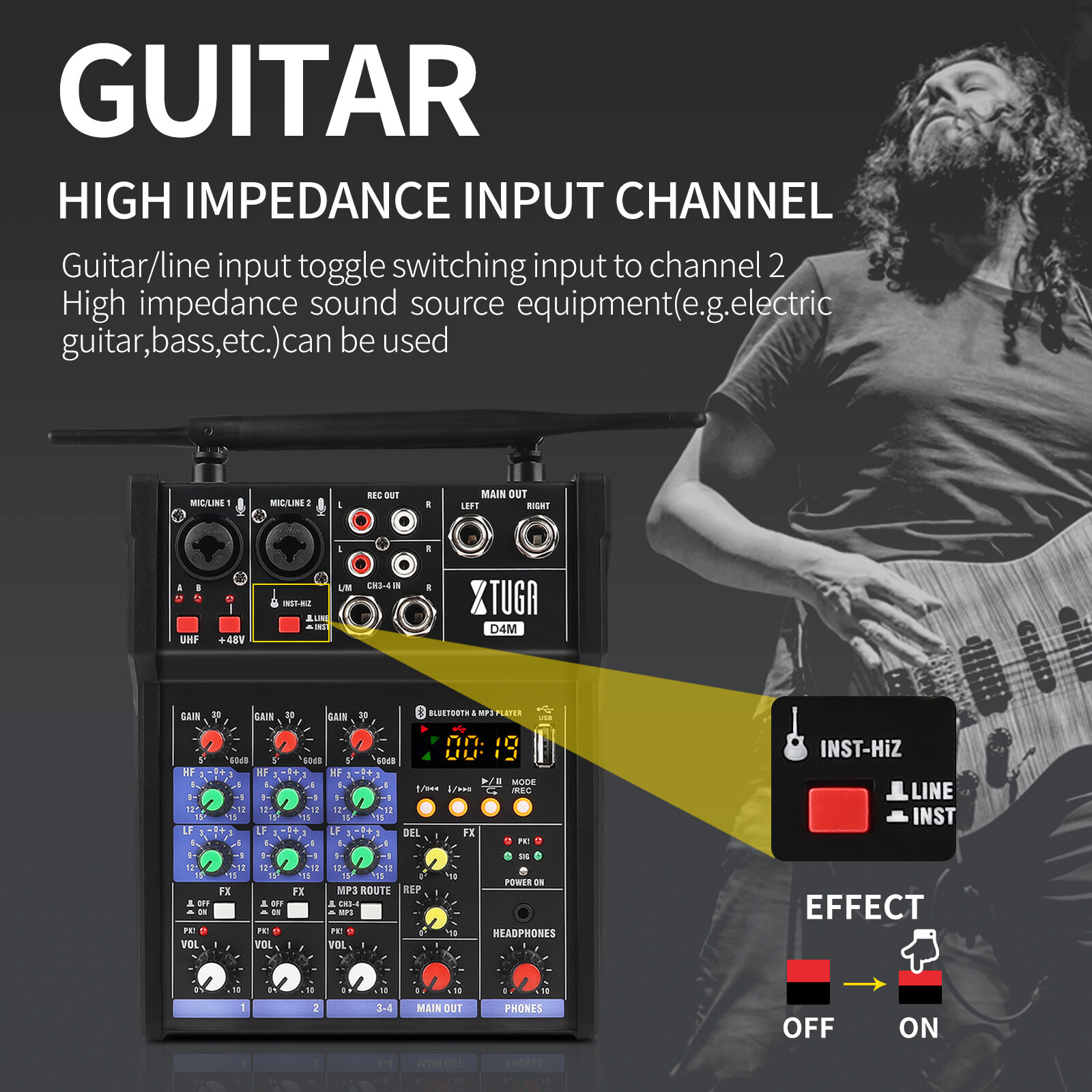 XTUGA D4M เครื่องผสมบลูทูธพร้อมไมโครโฟนไร้สายเสียงผสม USB Effect สำหรับ