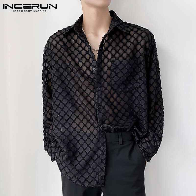 Beehoo INCERUN Mens Long Sleeve See Through Floral Shirts Button Down Party Top Tees(Korean Style)