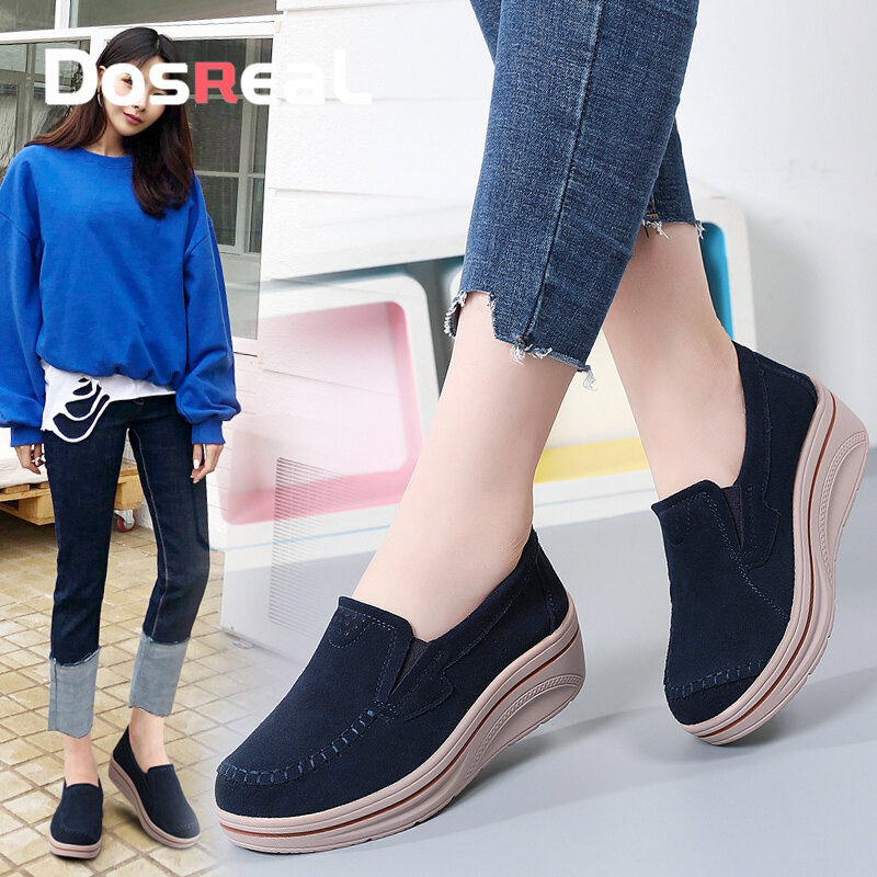 DOSREAL Women Platform Shoes Casual Wedges Genuine Leather Shoes Women's Pumps Mid Heeled Ladies Shoes