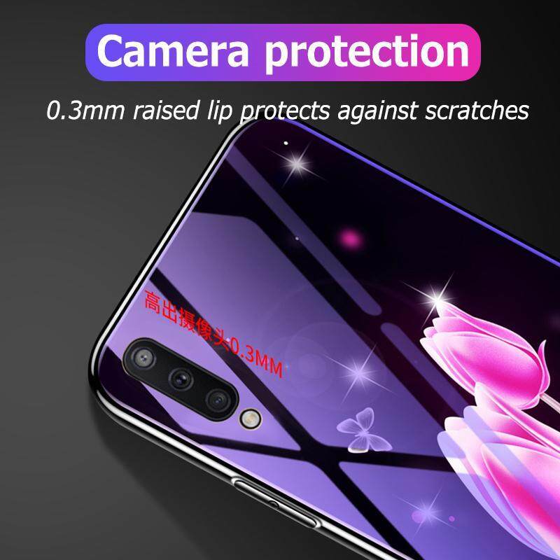 Giá For Samsung Galaxy A50 Floral Patterned Blue Ray Glass+TPU Shockproof Backcover Phone Case