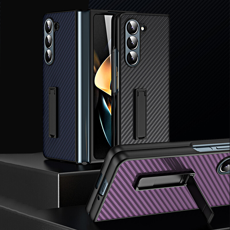 KISSCASE Carbon Fiber Pattern Phone Case for Samsung Galaxy Z Fold 5 5G Case Glass Back Panel Shockproof Protective Sleeve with Holder Fold5 Shell