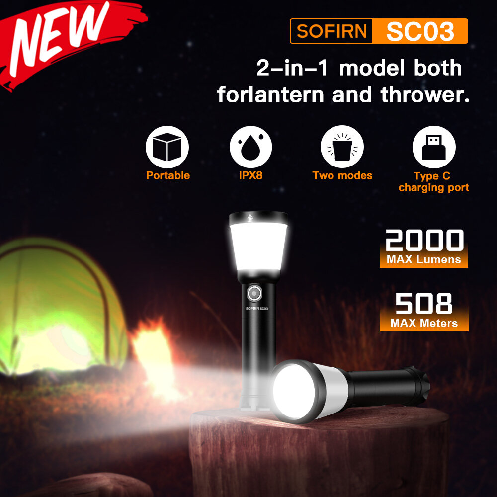 Sofirn SC03 Camping Light 2-in-1 2000LM Powerful Flashlight USB C Rechargeable 21700 Lantern Outdoor Torch with Combo Side Light