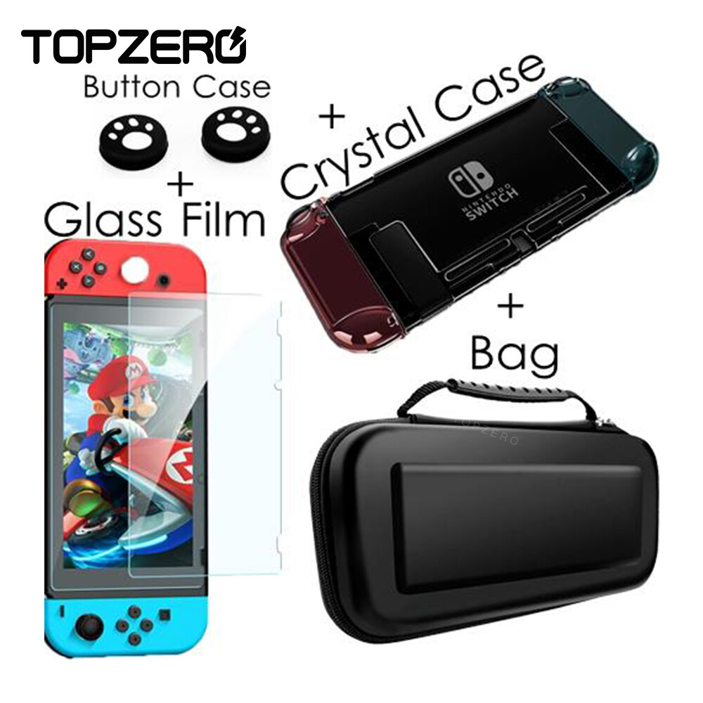 TOPZERO 5 in 1 Nintend Switch Accessories Travel Carrying Bag Tempered Glass Film Crystal Hard Case 2 Analog Caps For Nintendo Switch NS