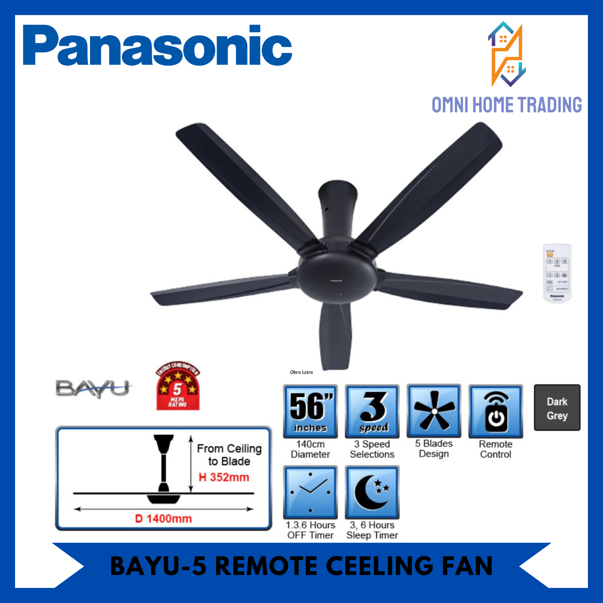 Panasonic Bayu 5 FM14DZVBKH Remote Ceiling Fan 5 Blades 3 Speed (Dark