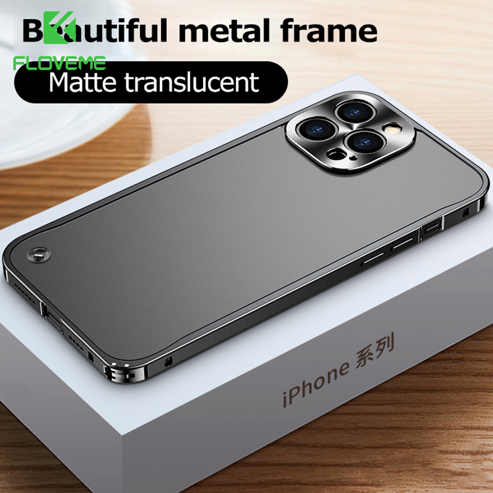 FLOVEME Luxury Metal Frame Phone Case For iPhone 15 14 13 12 11 Pro Max 15 14 Plus Matte Translucent Lens Protection Shockproof Case For iPhone 15 14 13 12 11