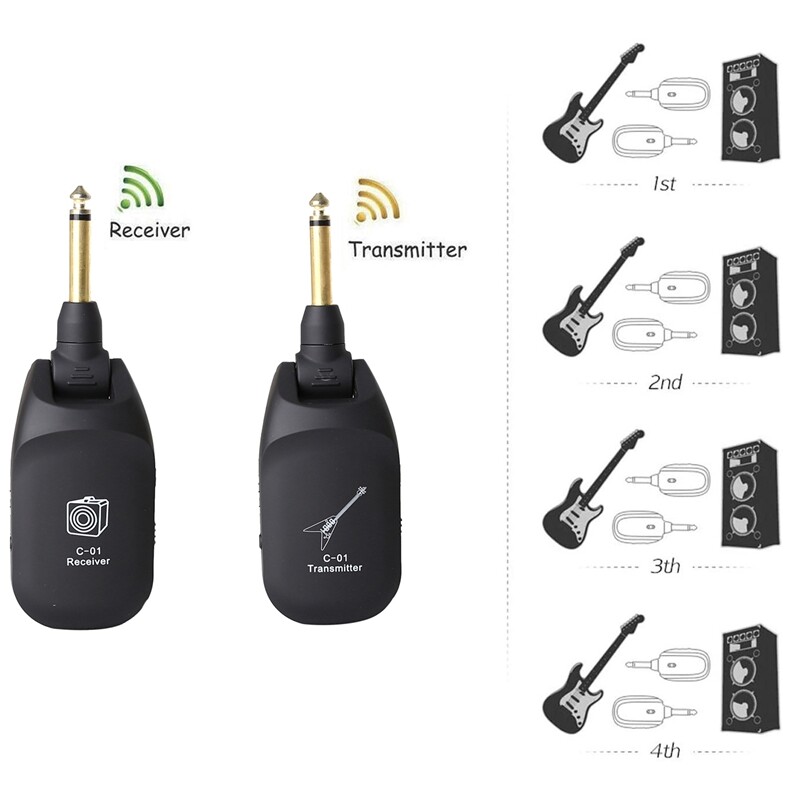 Wireless Guitar System Built-in Rechargeable 4 Channels Wireless Guitar Transmitter Receiver for Electric Guitar Bass