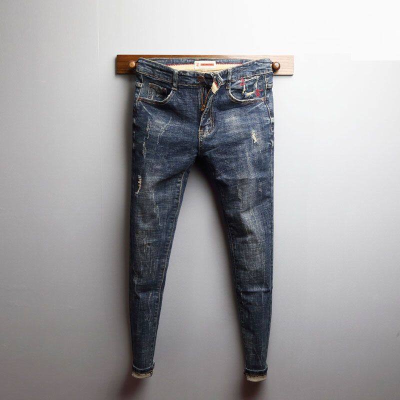 Washed Light Blue Personality Embroidered Stretch Men's Nine-point Personality Trend Splashed Ink Skinny Jeans