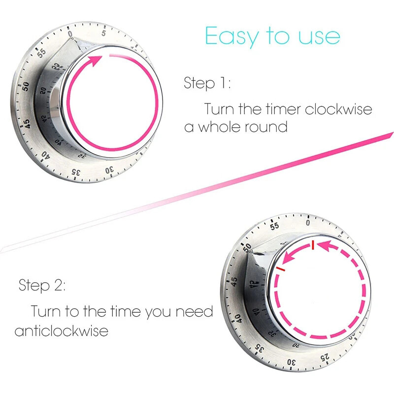 KIPRUN Kitchen Timer Stainless Steel Mechanical Cooking Timer with Magnetic Base Alarm Clock Student Time Management Countdown Cooking Tools 60 Minutes