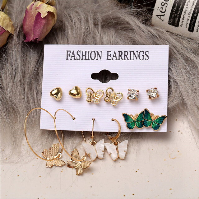 17MILE 6 Pairs/Set Bohemia Earrings Vintage Earrings Set for Women Pearl Circle Drop Earring Gold Acrylic Geometric Metal Tassel Butterfly Trendy Jewelry 2021