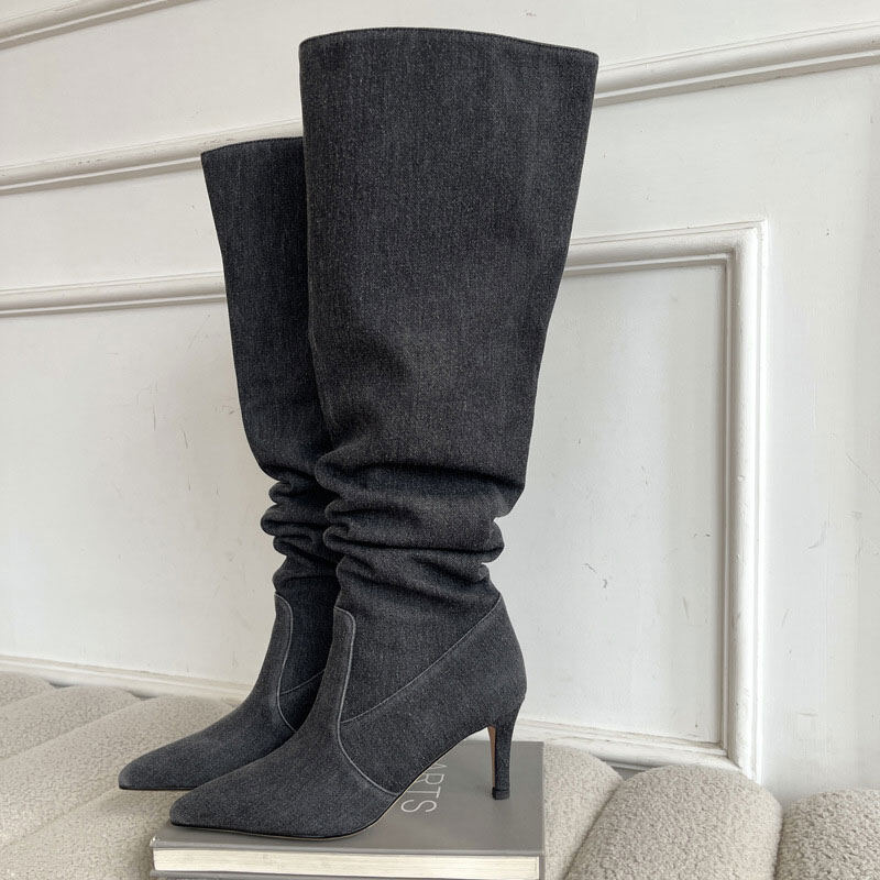 AOKANG Boots Women's Retro Cowboy Boots Thin Heel Pointed Toe Pile Boots Wide Boots
