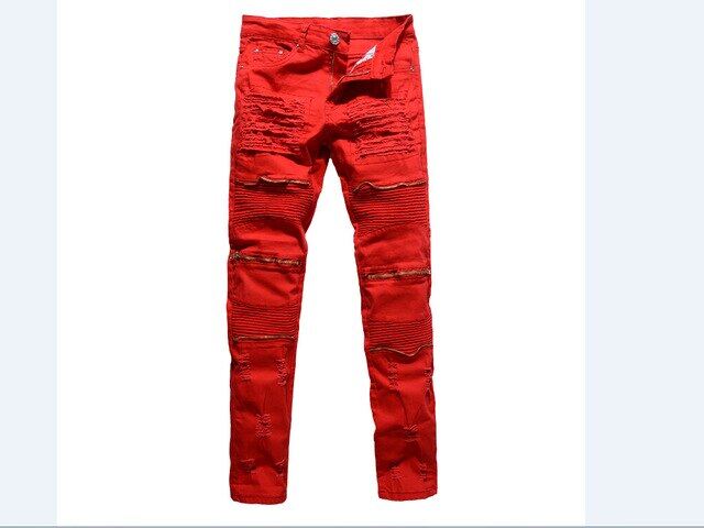 Men Skinny Stretch Denim Ripped Pants Distressed Ripped Freyed Slim Fit Jeans Destroyed Ripped Jeans Black White Red Jeans