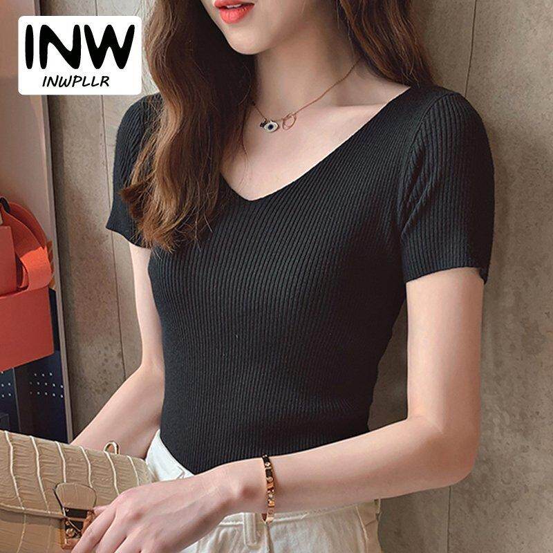 INWPLLR Female T-shirts Summer Top Fashion Women Tshirt Slim V-neck Lady Tee Shirt Korean Women Vintage Knitted Tshirts
