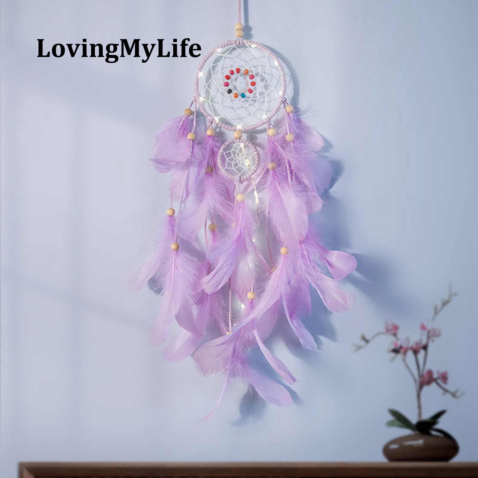 Chuông Gió LovingMyLife Trang Trí Lông, Đèn Led Dệt Bằng Tay Lông Vũ Sáng Tạo Đèn Ngủ Bắt Giấc Mơ, Chuông Gió Quà Tặng Mặt Dây Phụ Kiện Nhà