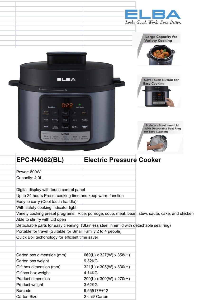 Elba pressure cooker discount manual