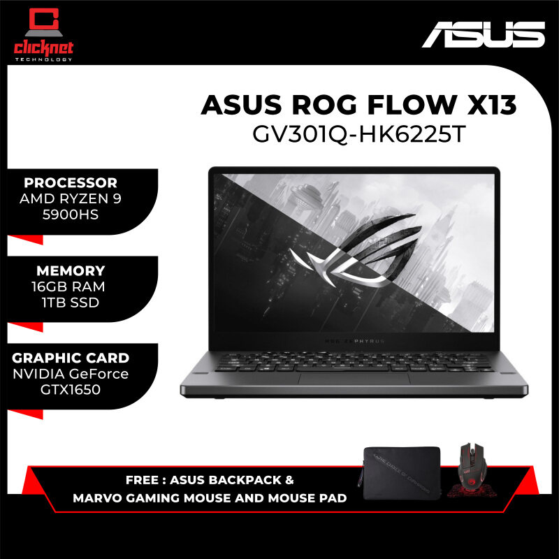 ASUS ROG FLOW X13 (GV301Q-HK6225T)/ Ryzen 9 5900HS/ 16GB RAM/ 1TB SSD/ GTX 1650/ 120Hz Touch Screen/ Windows 10 Home/ 2 Years Warranty Malaysia