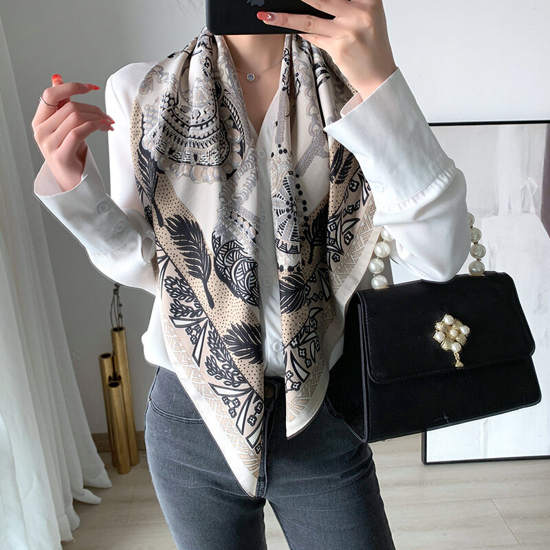 90CM Ladies Elegent Large Quare Scarf Soft Shawl Geometry Wrap Hijab Women Travel Bandana Foulard Neckerchief Imitated Silk Square Striped Scarf WJ1007-32