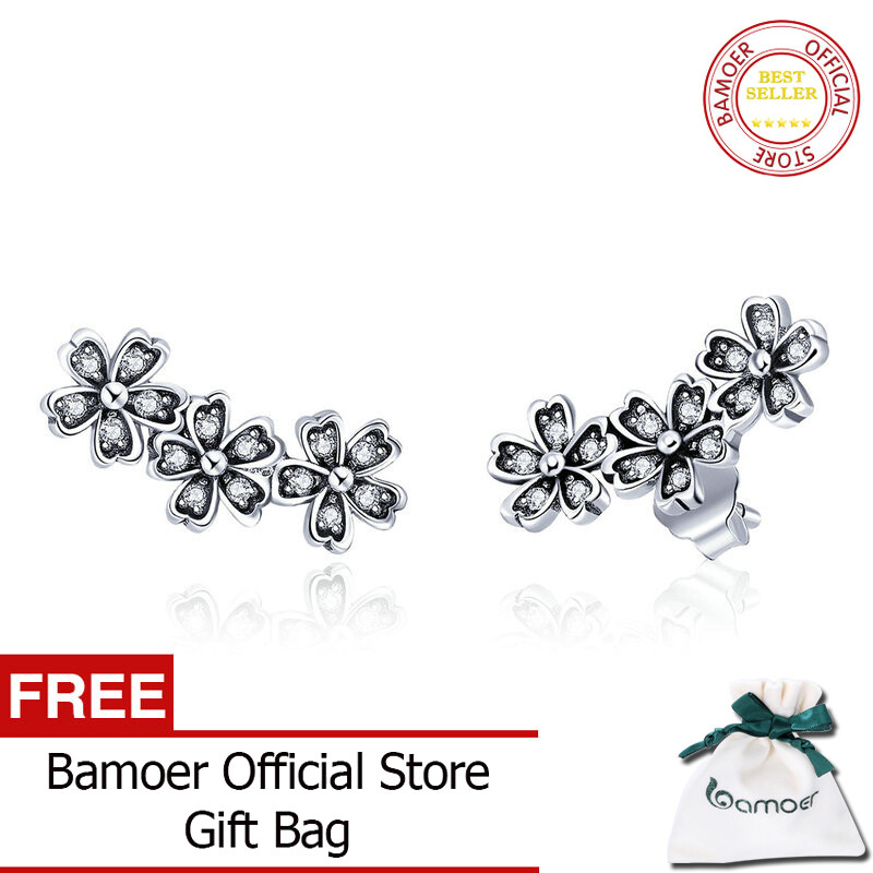 BAMOER 925 Sterling Silver Daisy Flower Clear CZ Stud Earrings for Women Sterling Silver Jewelry Valentine's Day Gift SCE419