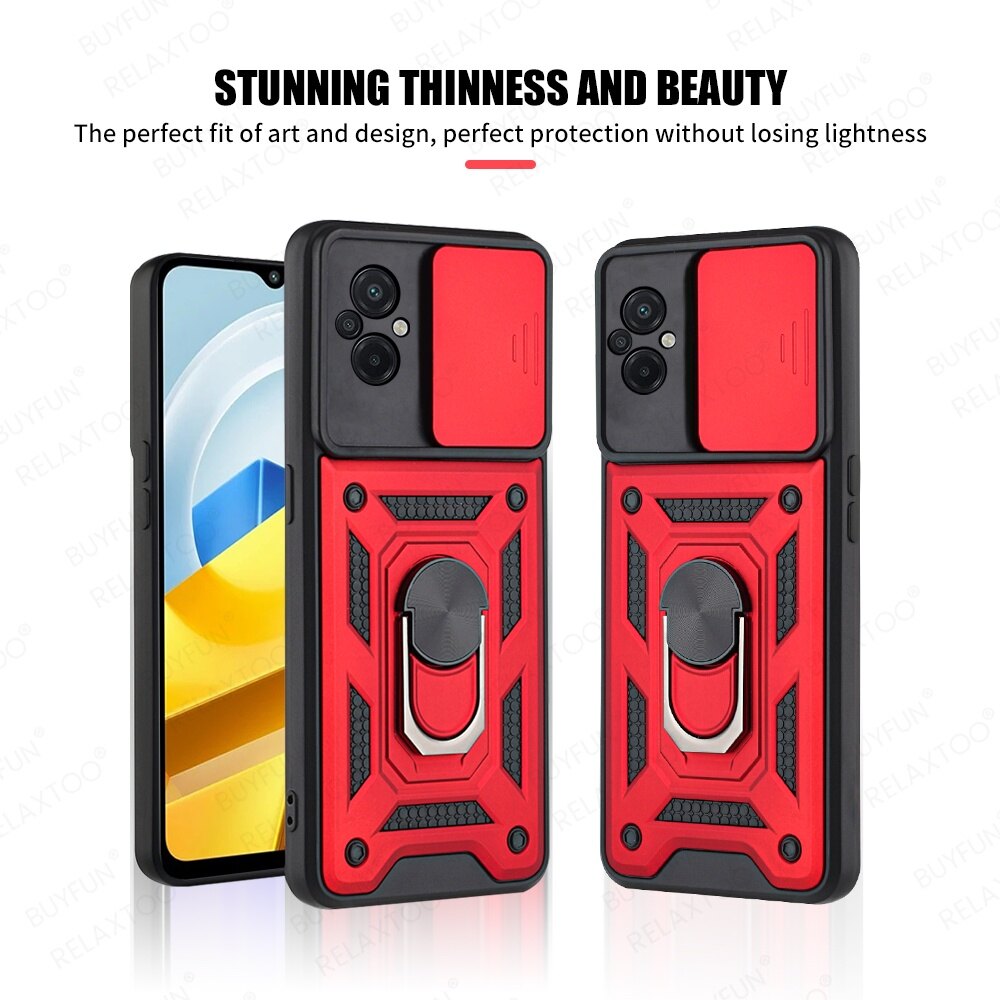 For Xiaomi Poco M5 M5s PocoM5 Shockproof Armor Phone Case Business Push Pull Camera Protection Case With Metal Ring Holder Bracket Hard Back Cover casing