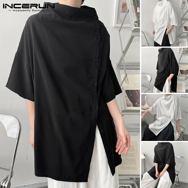 Beehoo INCERUN Mens Short Sleeve Fashion Asymmetrical Hem Blouse Party Clubwear Tunic Tops Tee