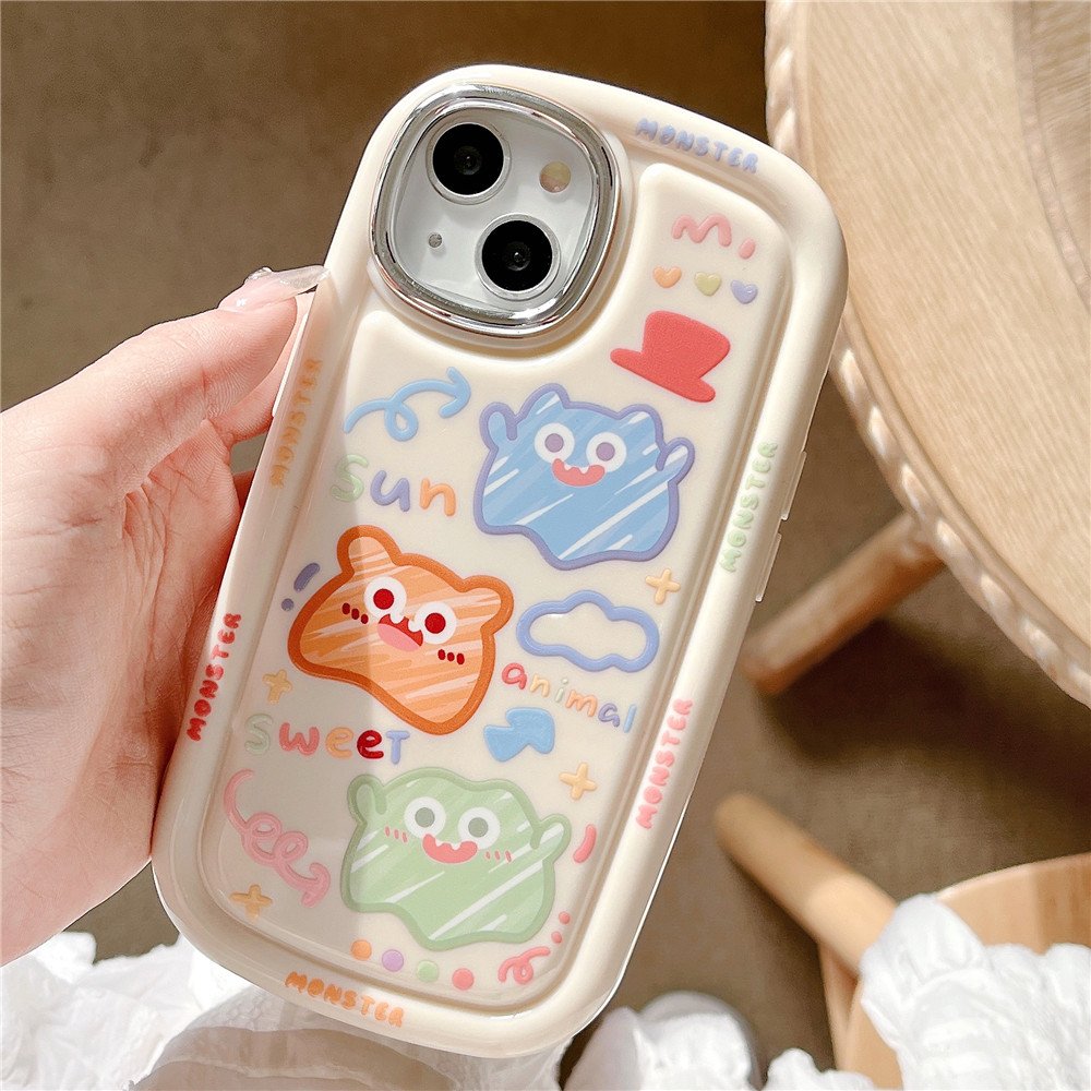 High Quality Electroplating Case for IPhone 11 12 13 14 Pro Max Casing Cute Cartoon Colorful Graffiti Monster Back Cover Couple Shockproof Phone Case