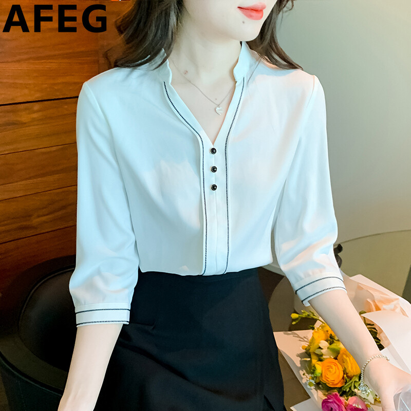 AFEG new Korean version of the V-neck fashion loose everything temperament seven-point sleeve blouse for women