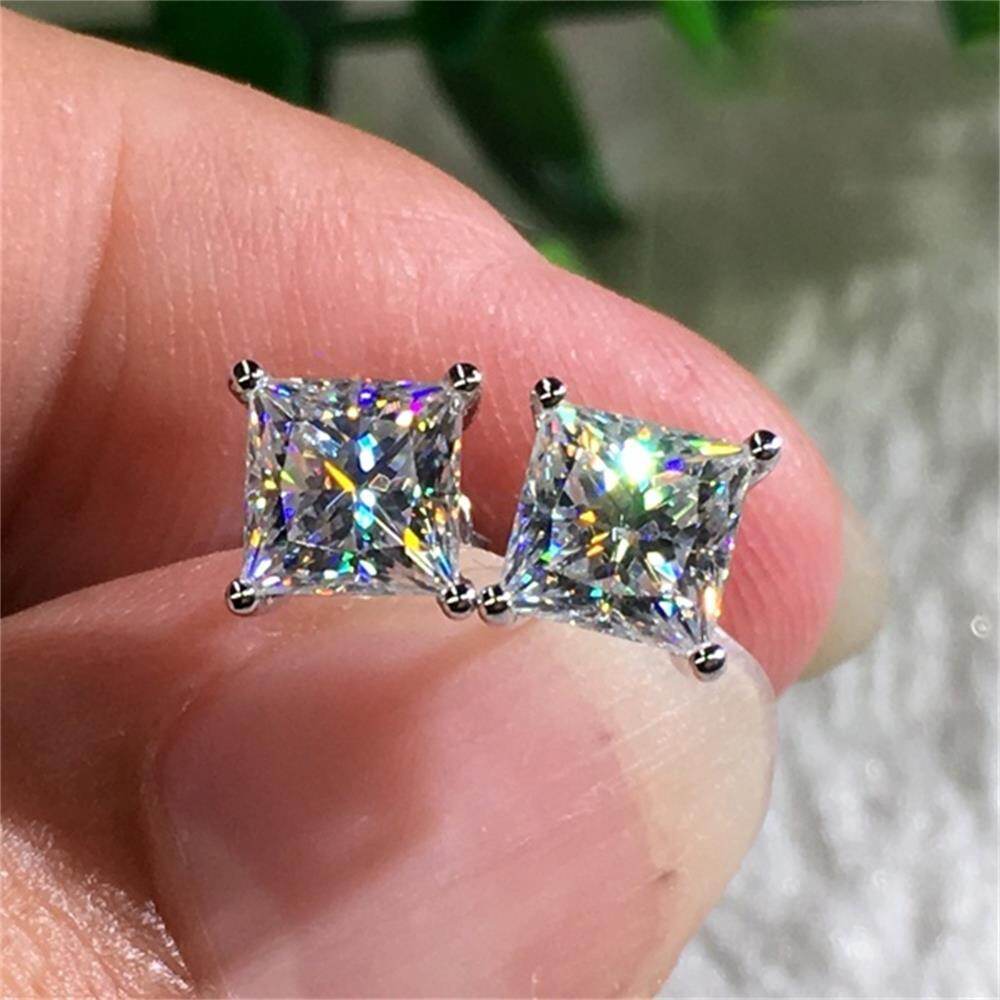1 Pair Fashion Europe and the United States selling simple super flash three-dimensional zircon earrings 18K white gold princess square cut moissanite white diamond earrings 6mm / 7mm / 8mm