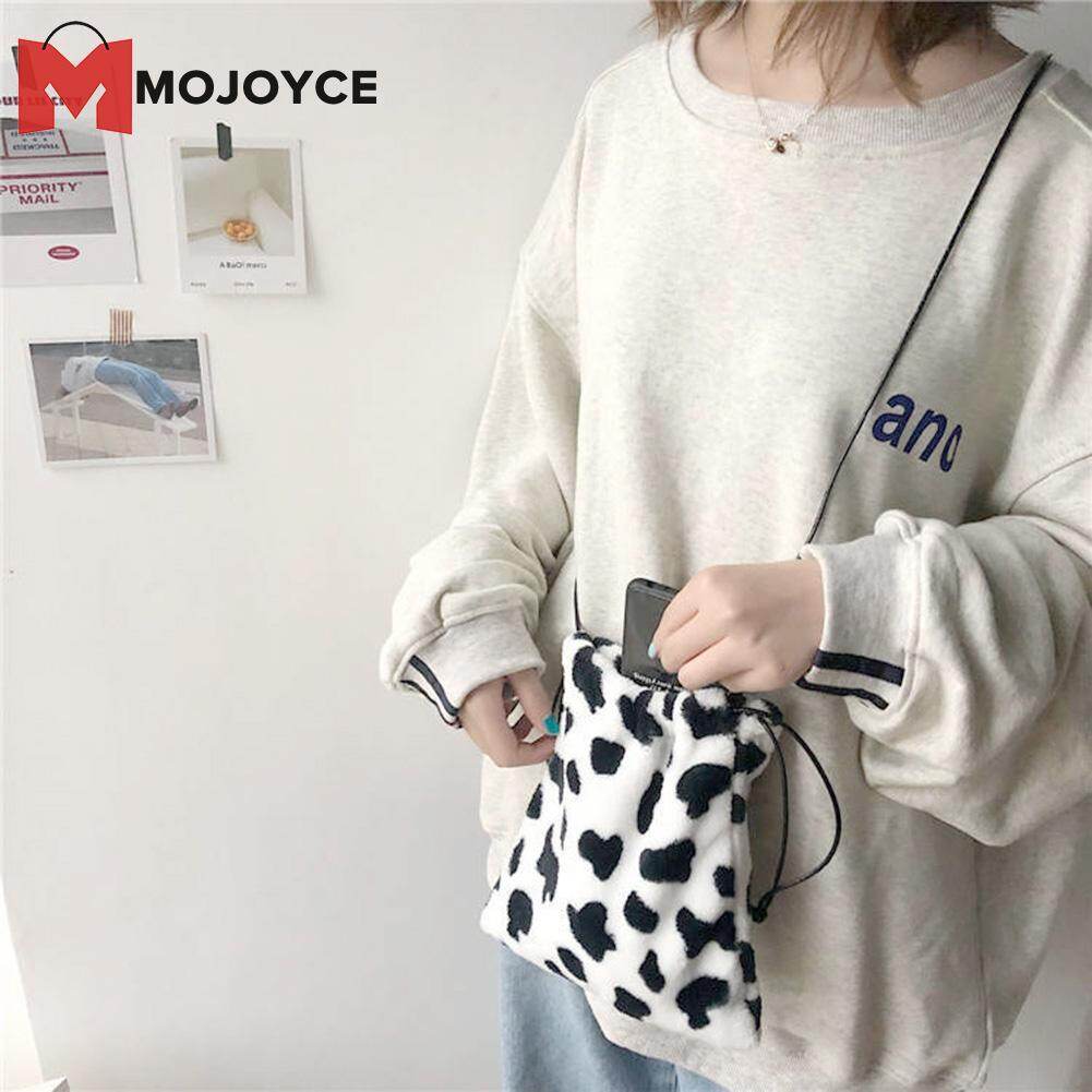 MOJOYCE MIni Cow Milk Printed Plush Crossbody Bags Women Girl Drawstring Shoulder Small Pouch