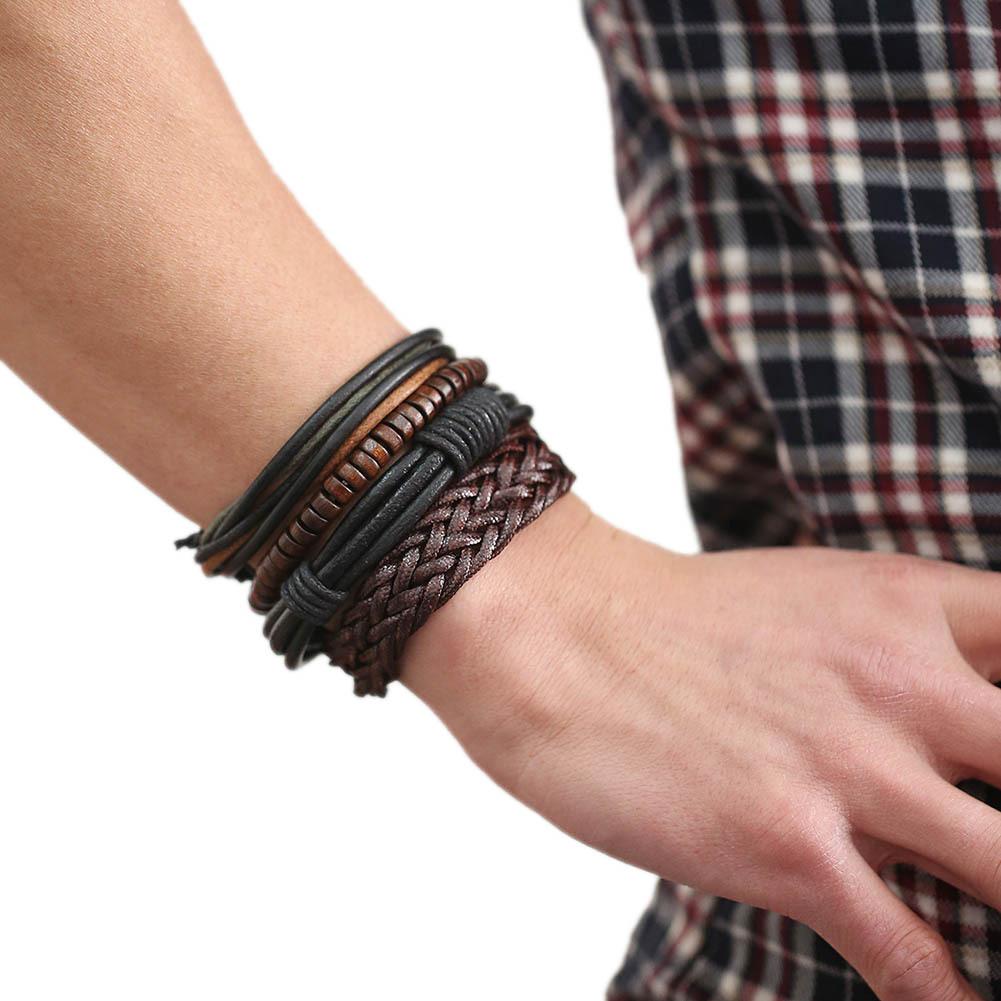 1 Bộ Vòng Tay Đan Dây Nhiều Lớp Phong Cách Punk Cho Nam, Phụ Kiện Vòng Đeo Tay Bằng Da PU