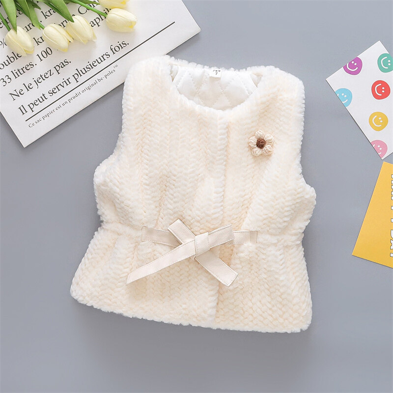 Winter New Girl Baby Sleeveless Coat With A Flower Bow Belt Infant Plush Vest Coat Soft Girl Children'S Clothing Suitable For 1-5 Years Old
