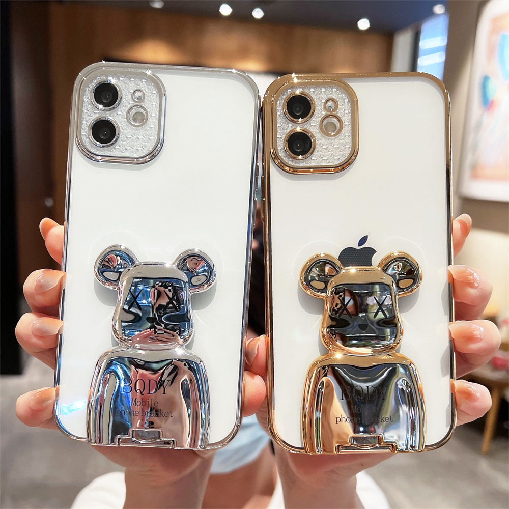 Cute Cartoon Bear Electroplating Bracket Phone Case for IPhone 11 12 13 Pro Max 7 8 Plus SE 2 Case Xr Xs Max Luxury Transparent Electroplated Frame Phone Case