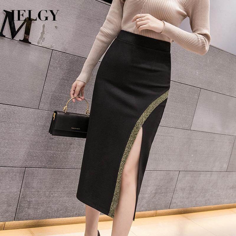 IELGY Women's pants fashion skirt mid-length casual high waist split all-match simple black