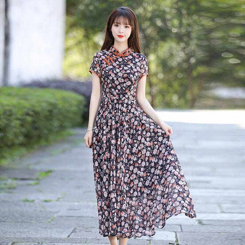 Chinese Style Cheongsam Improved Dress Young 2023 New Summer Chinese Style Cardigan Disc Buckle Floral Long Skirt