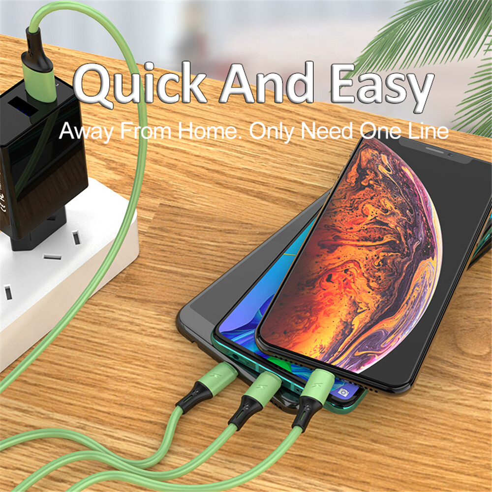 Lenuo 1.2M Liquid Silicone 3 In 1 Fast Charging Cable Usb To Lightning / Type C / Micro USB Charging Cable For IPhone Samsung Huawei Xiaomi Vivo Oppo USB Cable